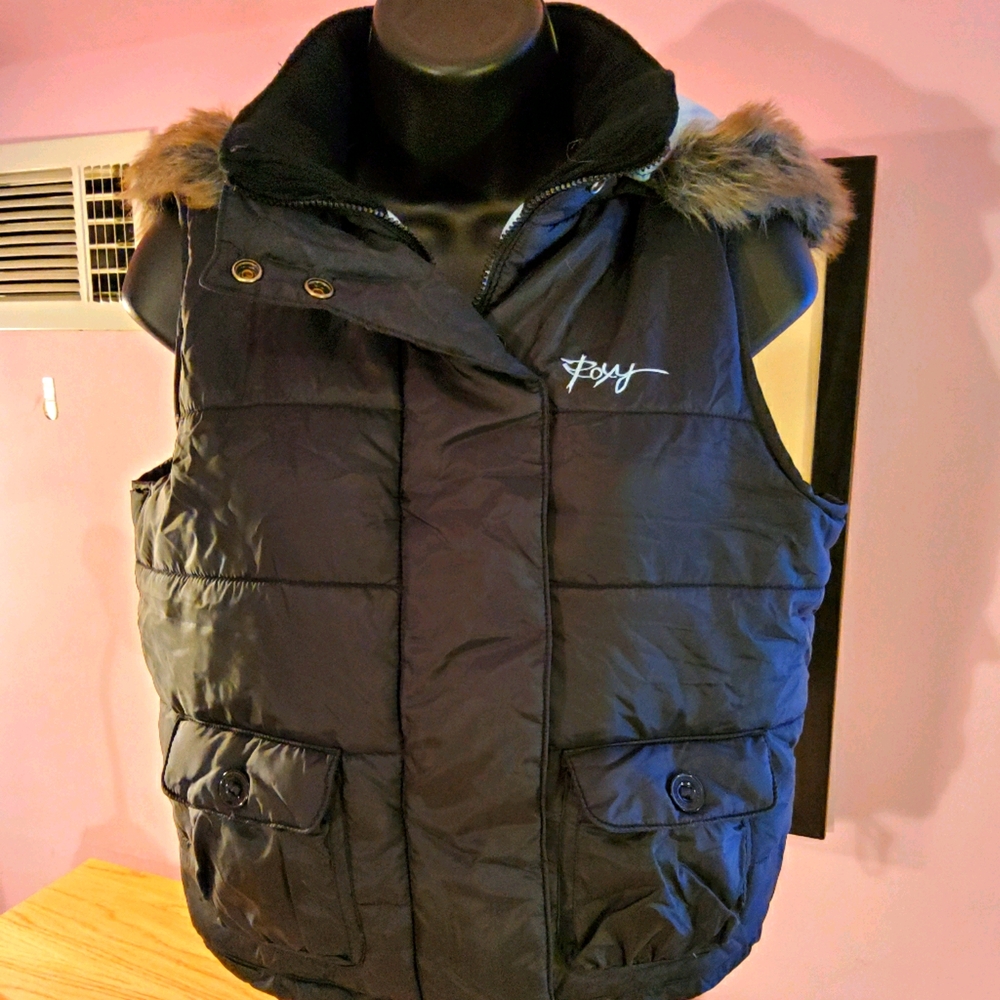 Roxy Black Puffer Vest with Faux Fur Trim